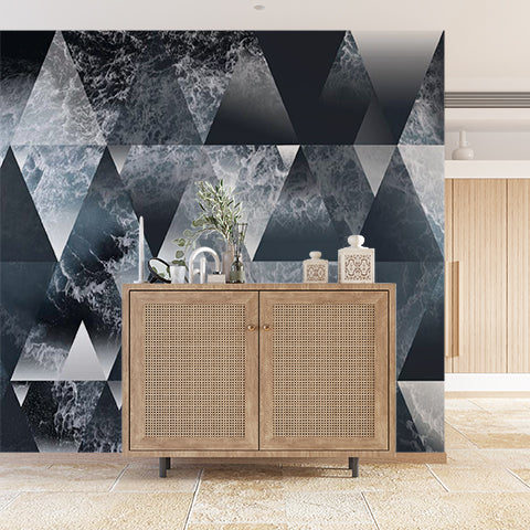 Dynamic Ocean Wave Triangle Mosaic Wall Mural Wallpaper - Monochrome Sea Texture Design