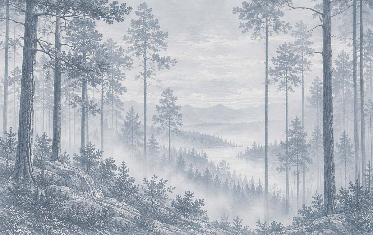 Blauw nevelig dennenbos behang – bos in gravurestijl fotobehang