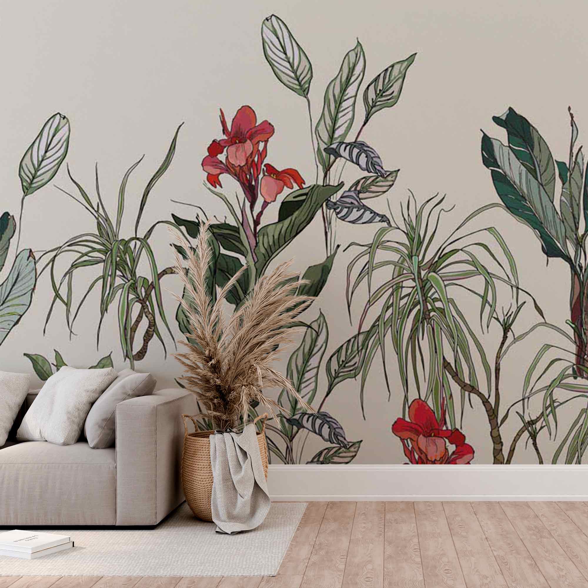 Botanical Wallpaper Exotic Plant Motifs Tropical Flowers Wall Mural