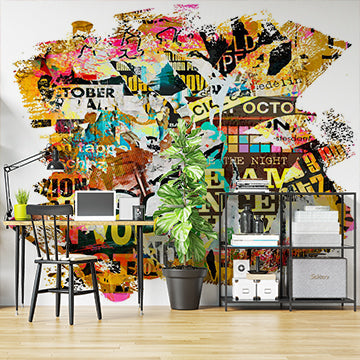 Colorful Urban Collage of Torn Posters and Graffiti Wall Murals