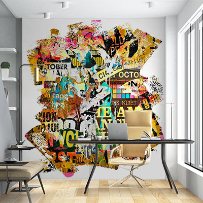 Colorful Urban Collage of Torn Posters and Graffiti Wall Murals