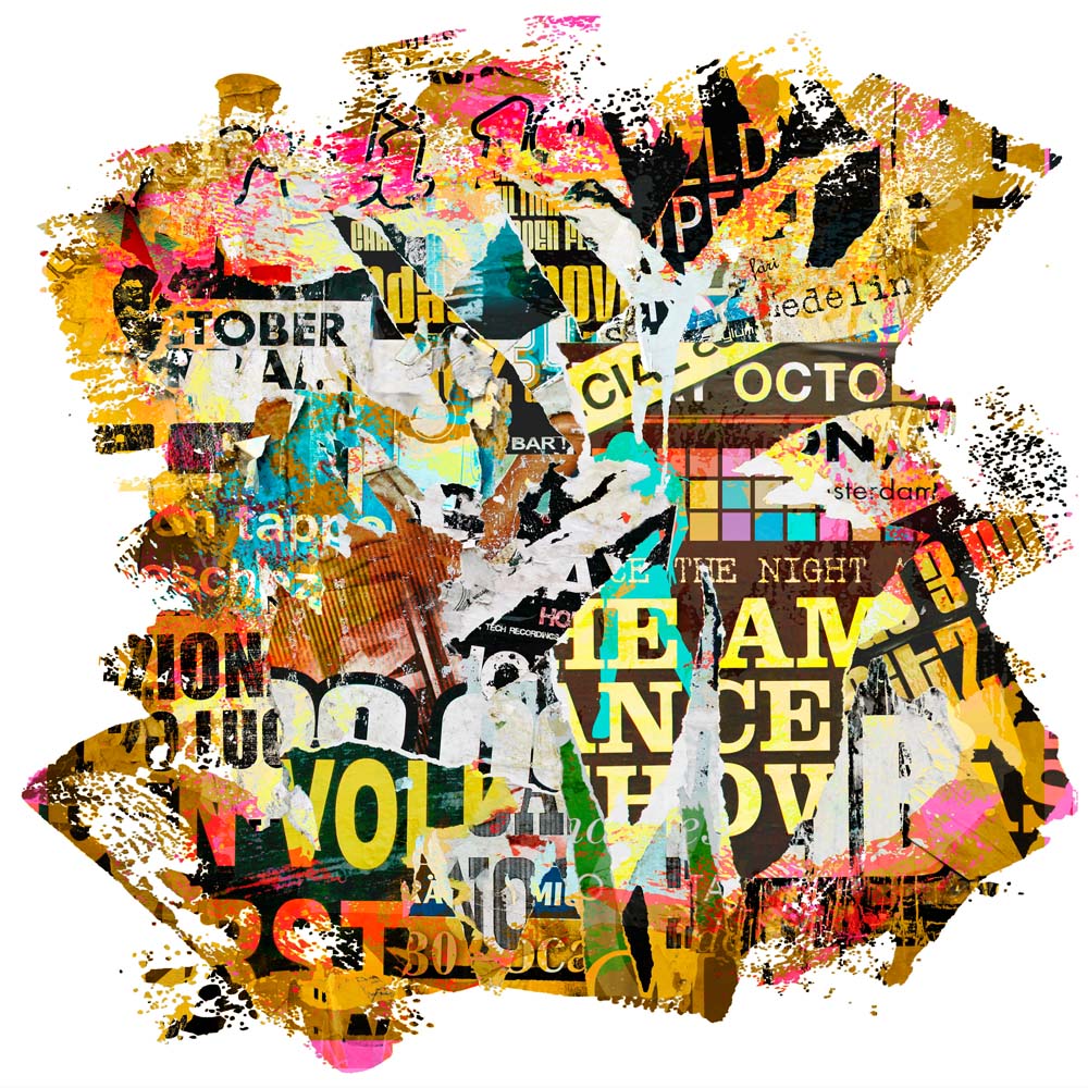 Colorful Urban Collage of Torn Posters and Graffiti Wall Murals