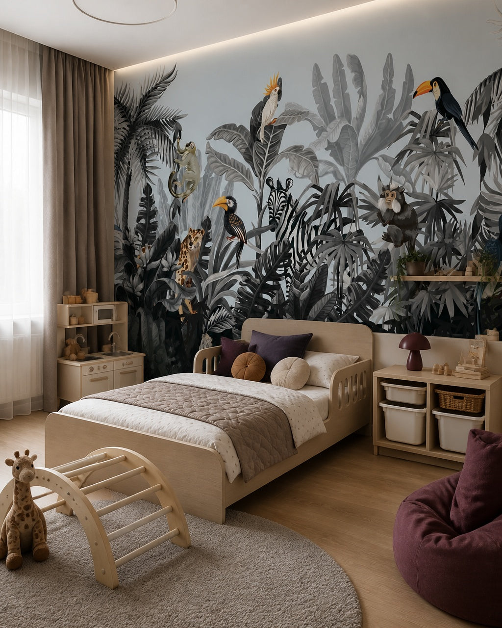 Toucan jungle wallpaper in a toddler bedroom with a child-sized bed.
