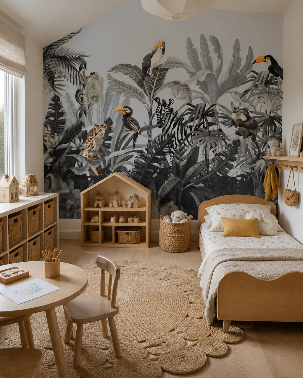 Toucan jungle wallpaper in a girl’s bedroom.
