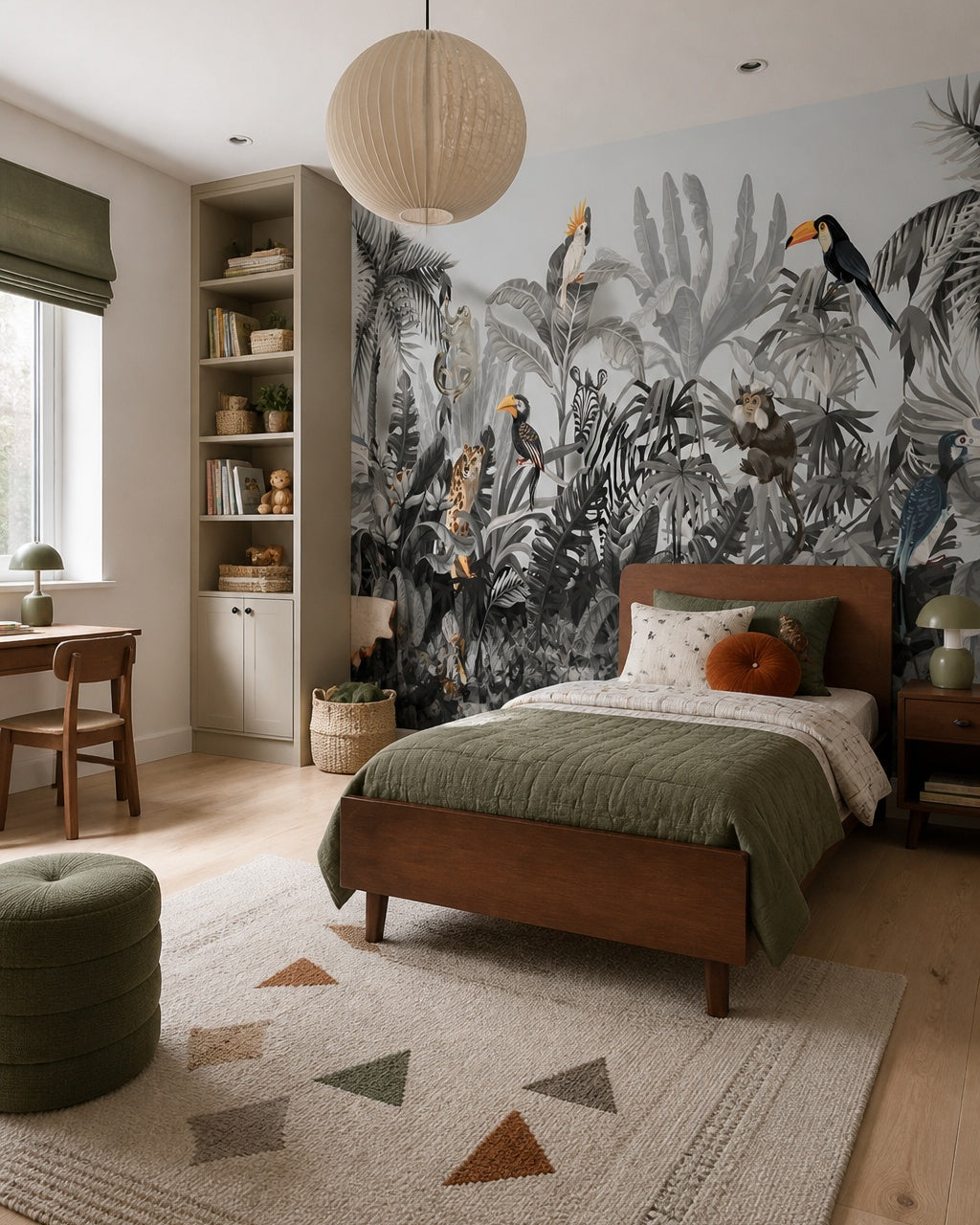 Toucan jungle wallpaper in a boy’s bedroom.