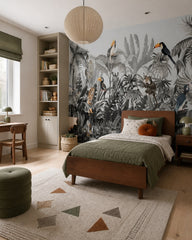 Toucan jungle wallpaper in a boy’s bedroom.