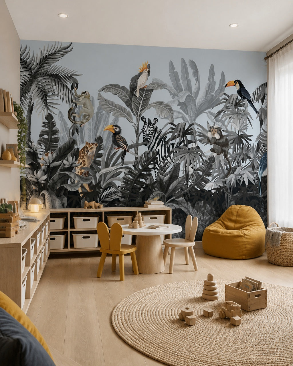 Toucan jungle wallpaper in a children’s playroom.