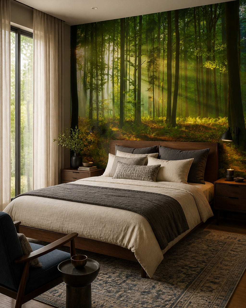 Sun rays forest wallpaper in a designer bedroom.