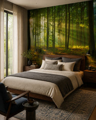 Sun rays forest wallpaper in a designer bedroom.
