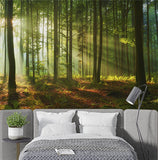 Sunlit Forest Wall Mural Wallpaper - Lush Woodland with Radiant Light Beams