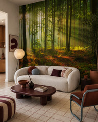 Sun rays forest wallpaper in a designer living room.
