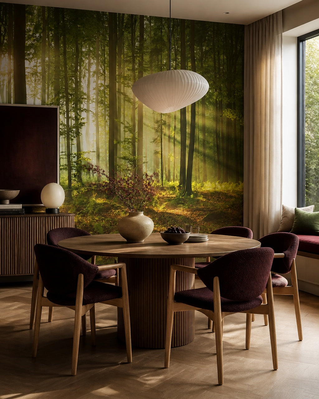 Sun rays forest wallpaper in a refined dining area.