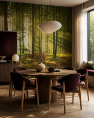 Sun rays forest wallpaper in a refined dining area.