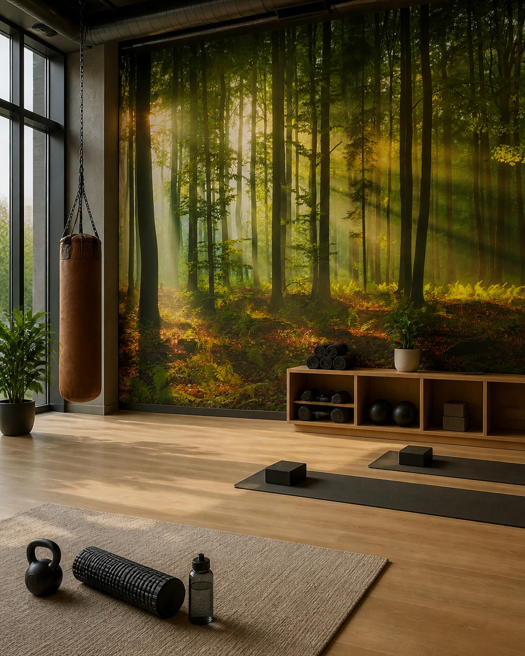 Sun rays forest wallpaper in a fitness studio.