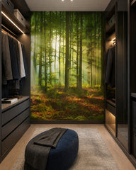 Sun rays forest wallpaper in a walk-in wardrobe.