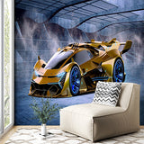 Futuristic Golden Supercar Mural - Sleek and High-Tech Wall Art Wallpaper