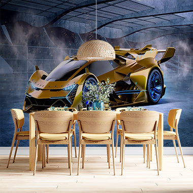 Futuristic Golden Supercar Mural - Sleek and High-Tech Wall Art Wallpaper