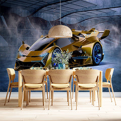 Custom Futuristic Golden Supercar Mural - Sleek and High-Tech Wall Art Wallpaper