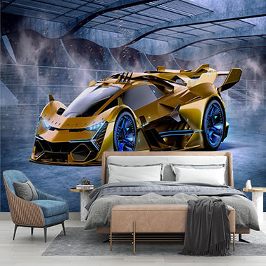 Futuristic Golden Supercar Mural - Sleek and High-Tech Wall Art Wallpaper