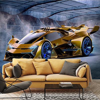 Futuristic Golden Supercar Mural - Sleek and High-Tech Wall Art Wallpaper