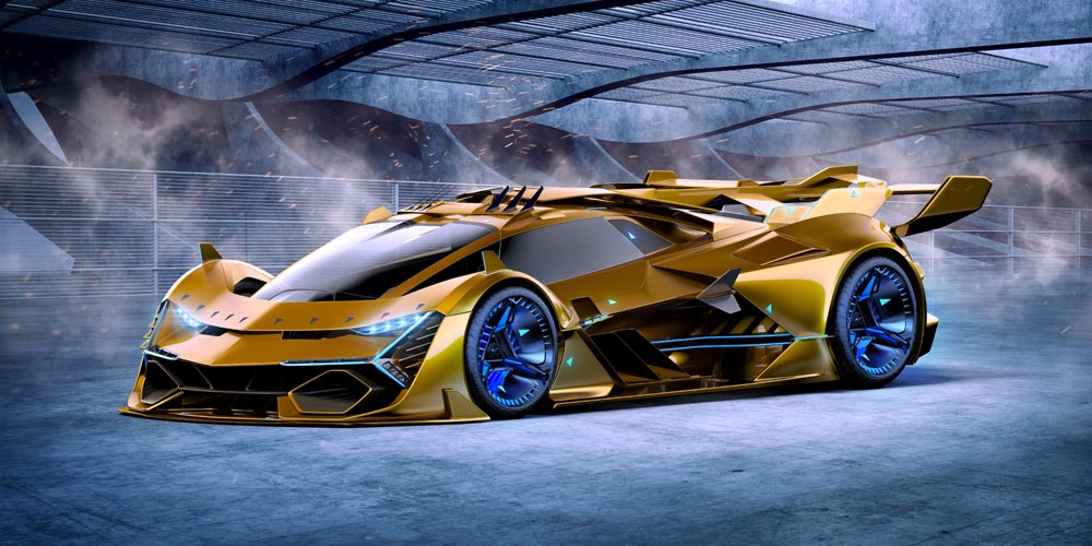 Futuristic Golden Supercar Mural - Sleek and High-Tech Wall Art Wallpaper