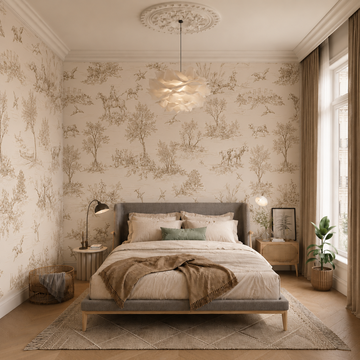 Beige toile de jouy wallpaper in a bright bedroom with linen bedding and natural wood.