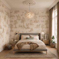 Beige toile de jouy wallpaper in a bright bedroom with linen bedding and natural wood.