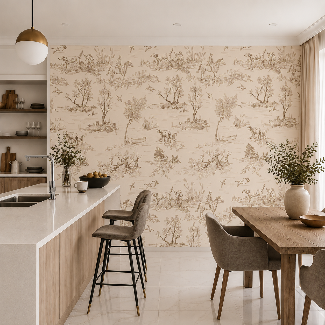 Beige toile de jouy wallpaper in a modern kitchen and dining area.