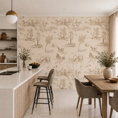 Beige toile de jouy wallpaper in a modern kitchen and dining area.