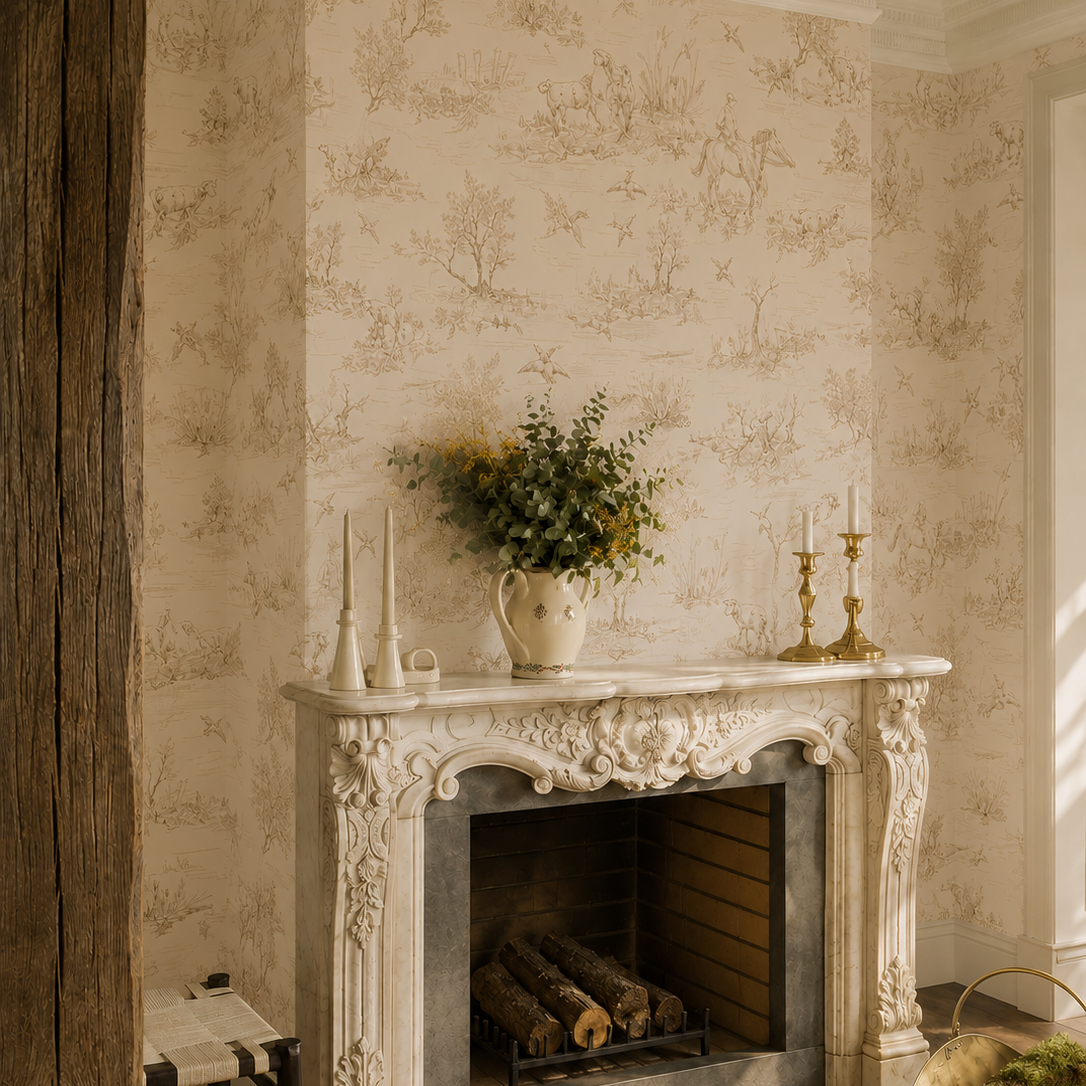 Beige toile de jouy wallpaper around a carved French stone fireplace.