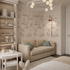 Beige toile de jouy wallpaper in a cozy kids playroom with a beige sofa.