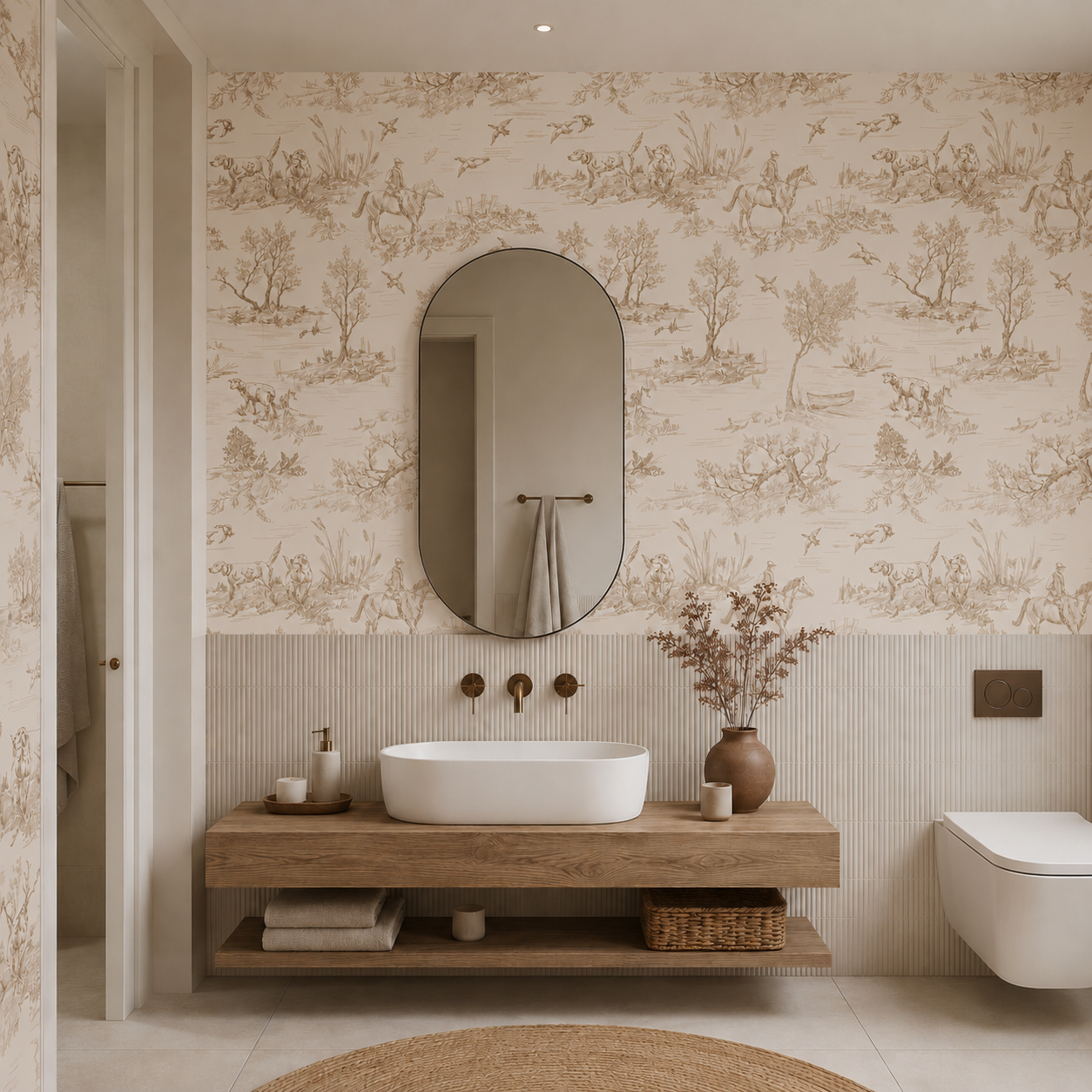 Beige toile de jouy wallpaper in a bathroom with an oval mirror and floating wooden vanity.