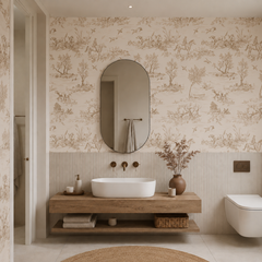 Beige toile de jouy wallpaper in a bathroom with an oval mirror and floating wooden vanity.