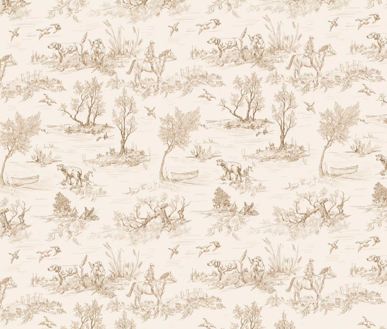 Toile de jouy wallpaper with sepia pastoral hunting scenes, horses, hounds, trees and birds on a cream background.