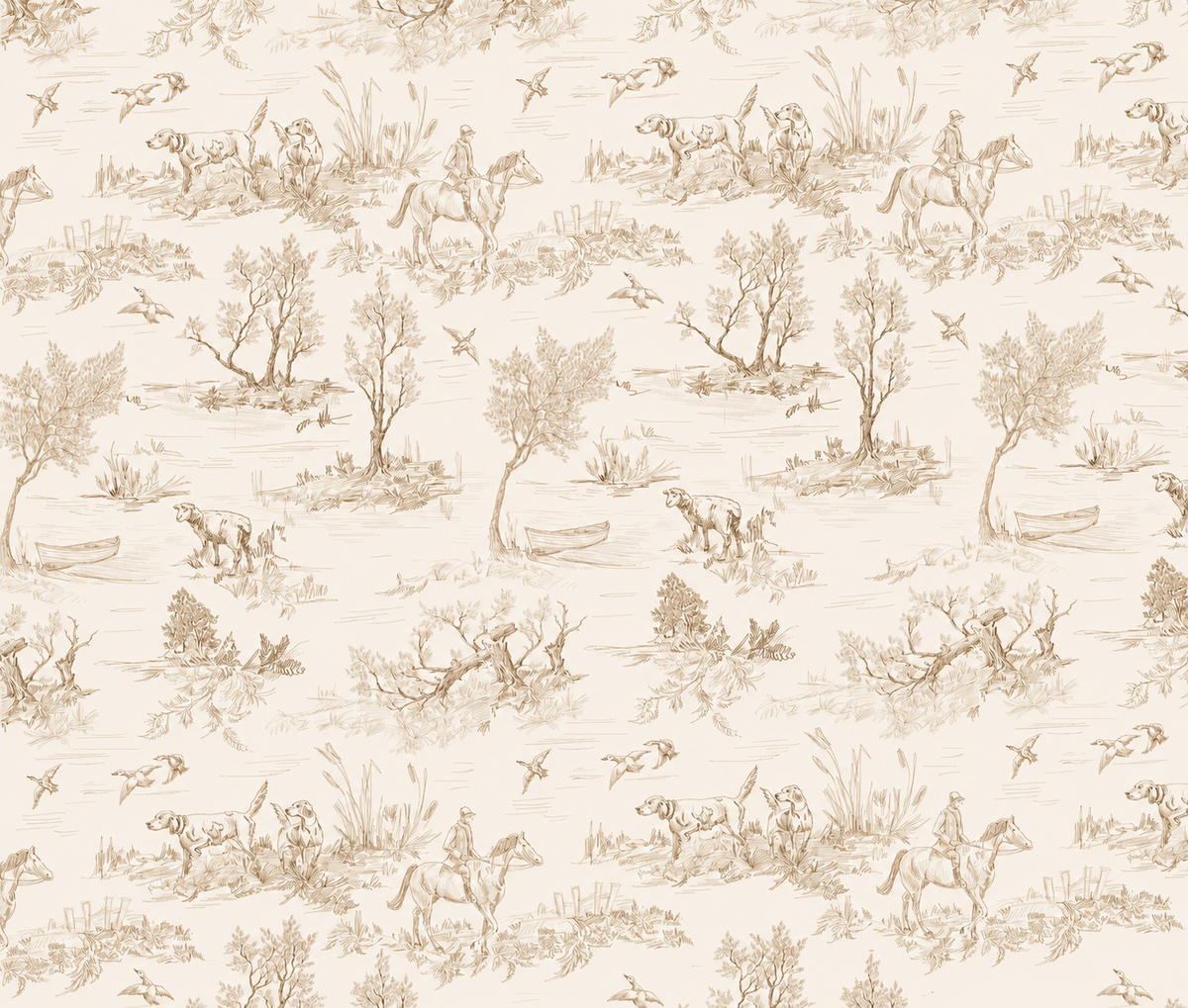 Papier peint toile de Jouy – Papier peint panoramique scène de chasse pastorale beige
