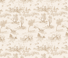 Toile de jouy wallpaper with sepia pastoral hunting scenes, horses, hounds, trees and birds on a cream background.