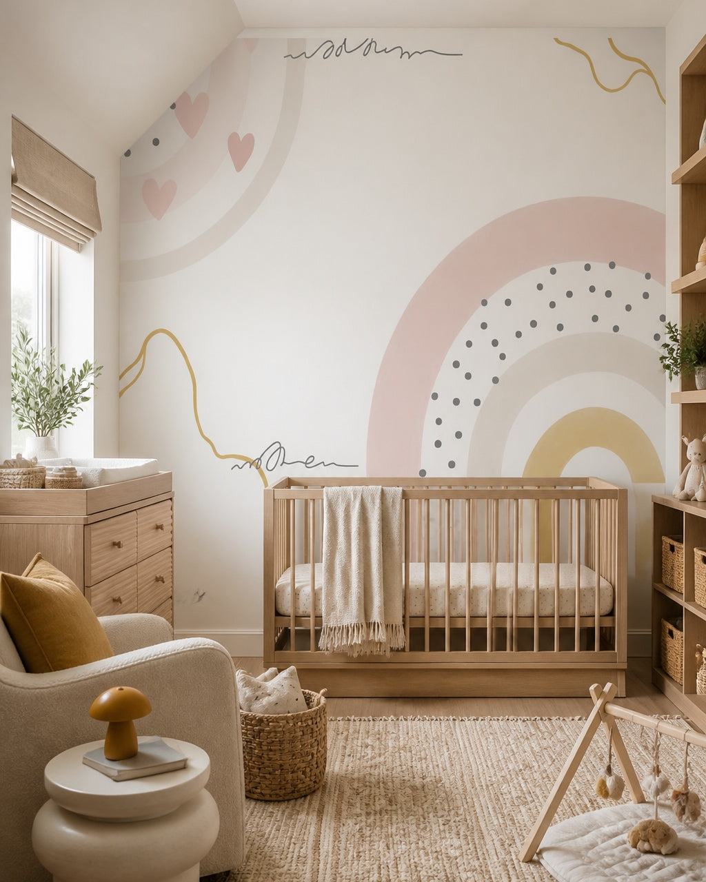 Boho rainbow wallpaper in a modern nursery with a crib.