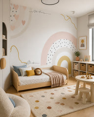 Boho rainbow wallpaper in a toddler bedroom with a child-sized bed.