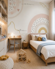 Boho rainbow wallpaper in a girl’s bedroom.