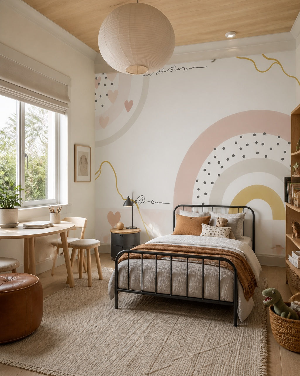 Boho rainbow wallpaper in a boy’s bedroom.
