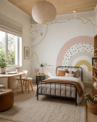 Boho rainbow wallpaper in a boy’s bedroom.