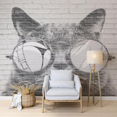 Custom Black and White Cat in Sunglasses Wall Mural Modern Animals Wallpaper