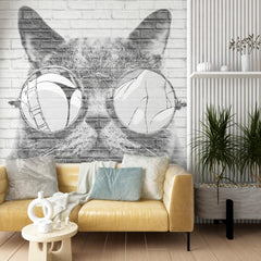 Custom Black and White Cat in Sunglasses Wall Mural Modern Animals Wallpaper