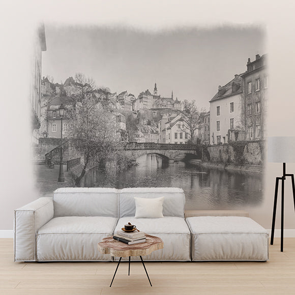 Custom Black and White Pencil Sketch Cityscape Wall Mural