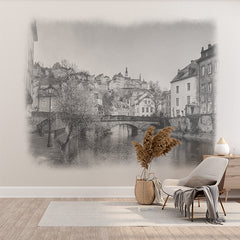 Custom Black and White Pencil Sketch Cityscape Wall Mural