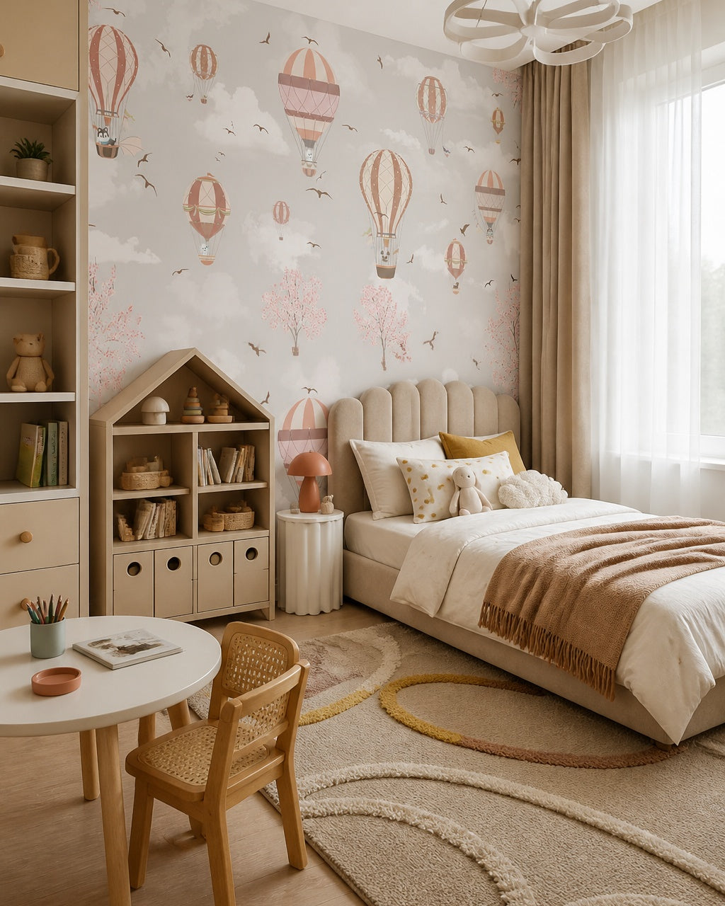 Terracotta hot air balloons wallpaper in a girl’s bedroom.
