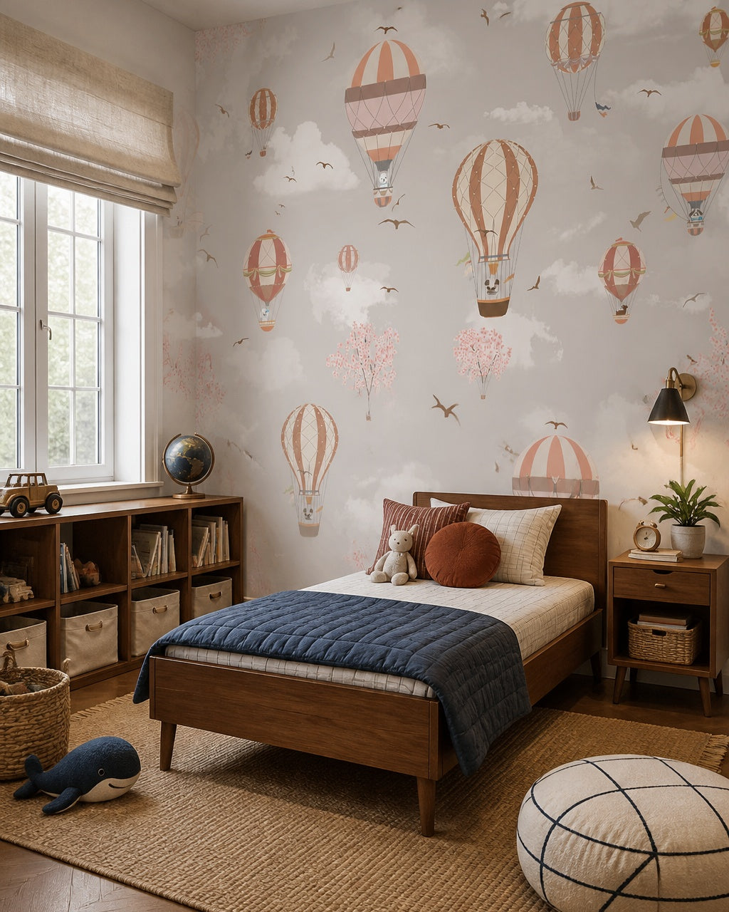 Terracotta hot air balloons wallpaper in a boy’s bedroom.