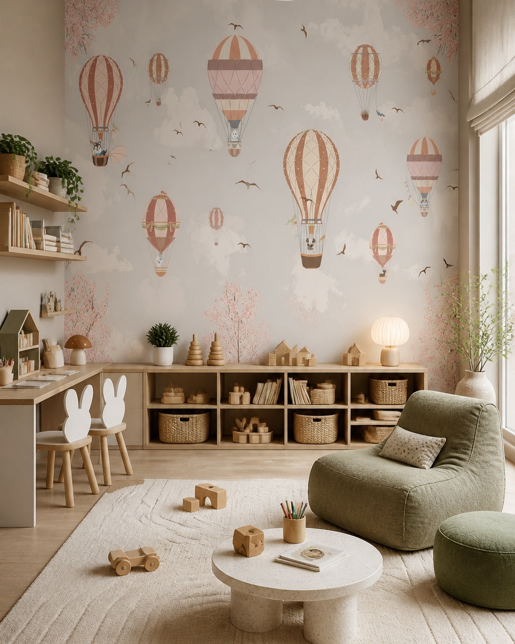 Terracotta hot air balloons wallpaper in a children’s playroom.