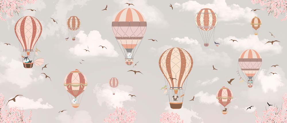 Terrakotta-Heißluftballons-Tapete – Fototapete mit dunstigem rosa Himmel