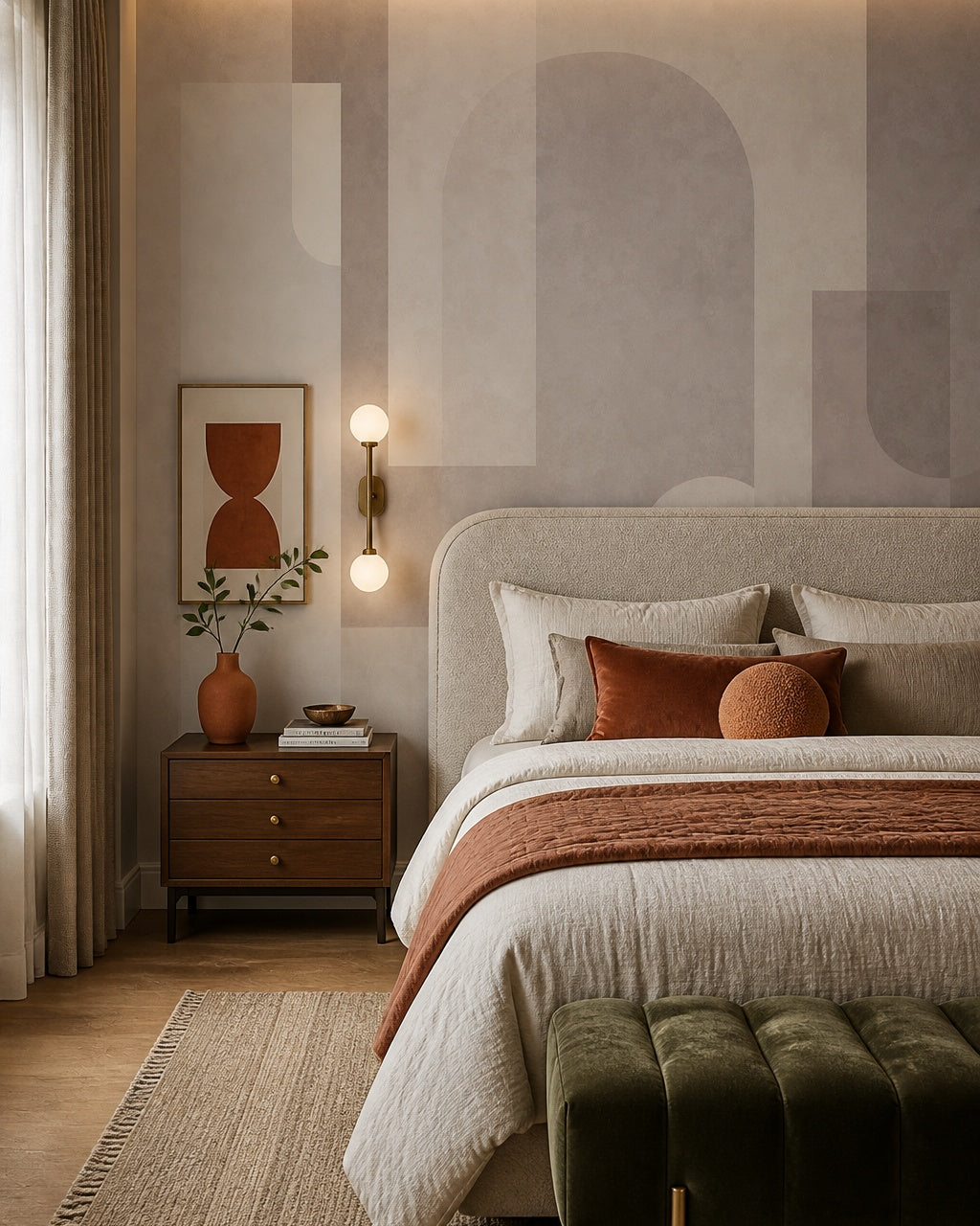 Pastel geometric shapes wallpaper in a designer bedroom.